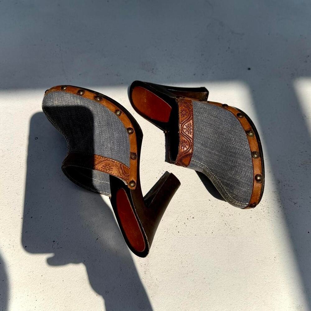 Vintage Western Y2K Denim Clog Heels Brown & Blue Bohemian Mules Size 6